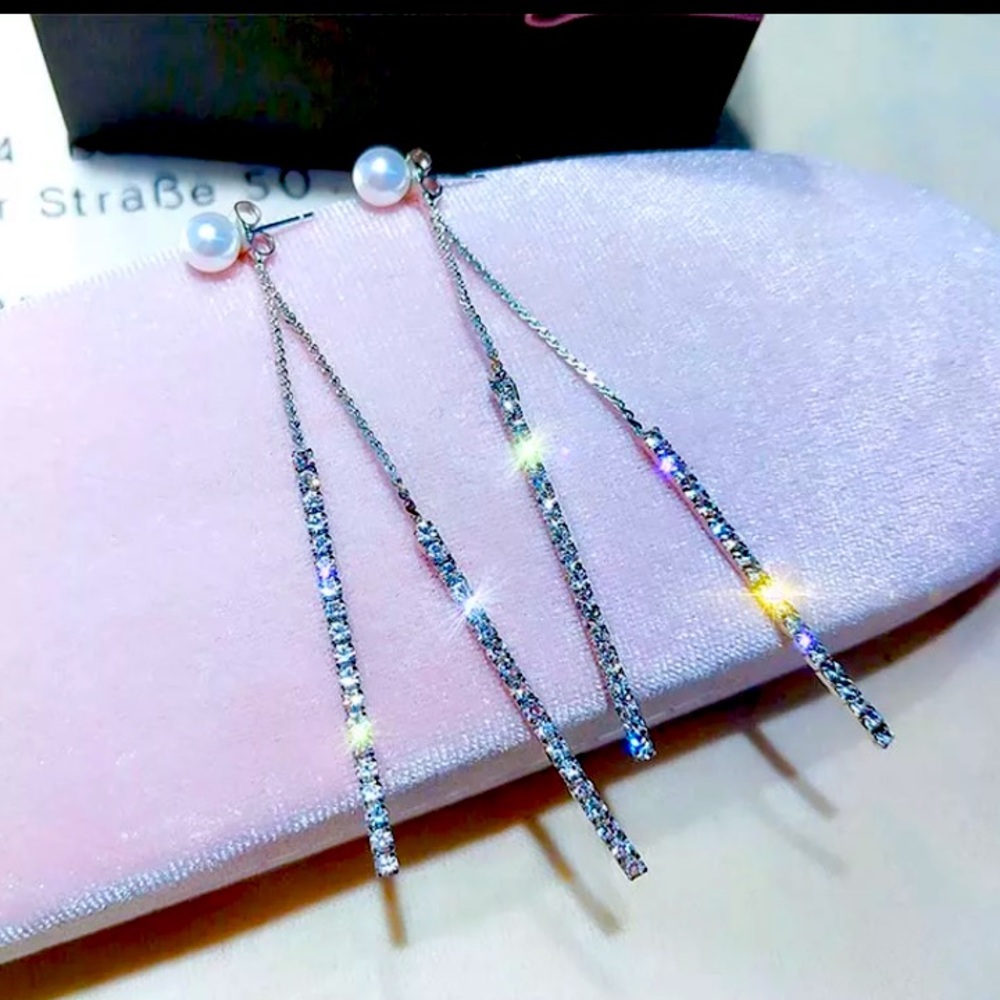 Silver Tone Long Rhinestone Earrings
